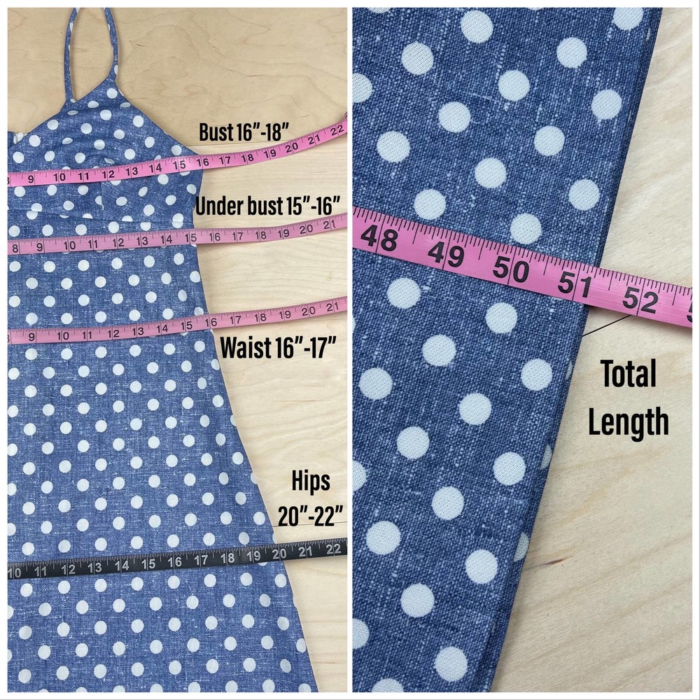 Vintage 1970s Blue and White Polka Dot A-Line Maxi Dress - Picture 8 of 9